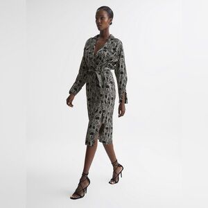 Reiss Georgina Swirl Print Midi Dress in Cream/Black Size 12 NWT Brand New